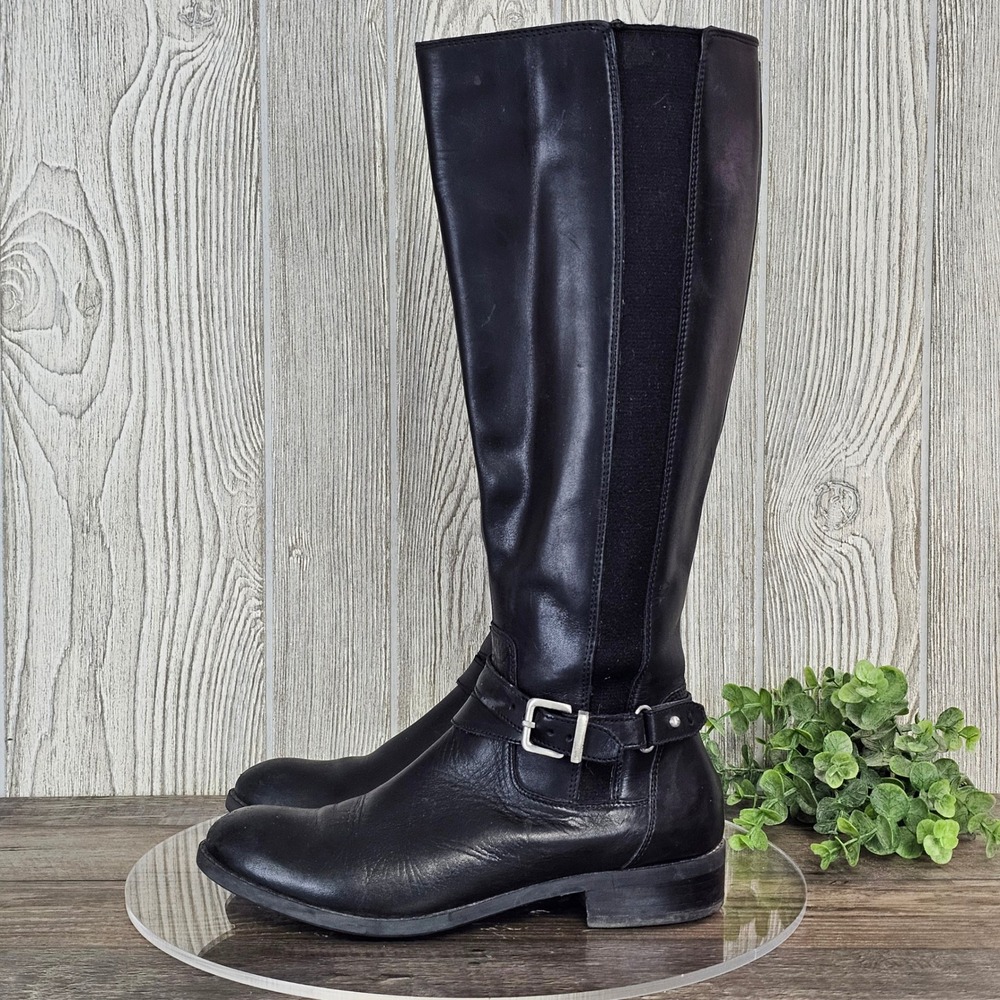 Clarks Pita Vienna Women's 7.5 Black Leather Tall Riding‎ Boots Buckle Stretch